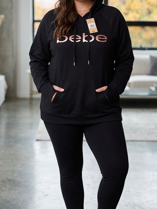 bebe Tops - NWT Bebe Women’s Black & Rose Gold Foil Logo Hoodie – Size 2X